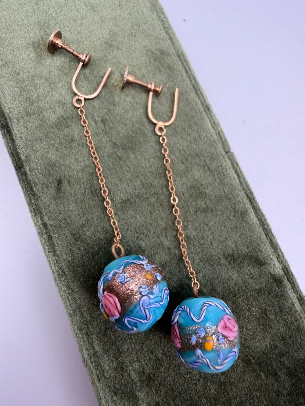 vintage drop dangle earrings turquoise-blue lampwork glass beads wedding cake